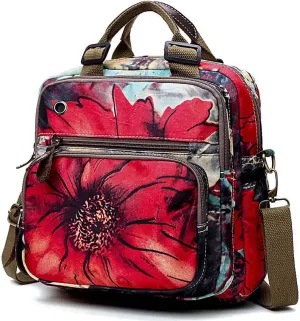 YouNuo Fashion Small Backpack Purse for Women, Floral Multi-Pocket Shoulder Handbag, Water-resistant Nylon Crossbody Purse for Mom, Ladies Convertible Mommy Bag with Insulated Pockets, Red