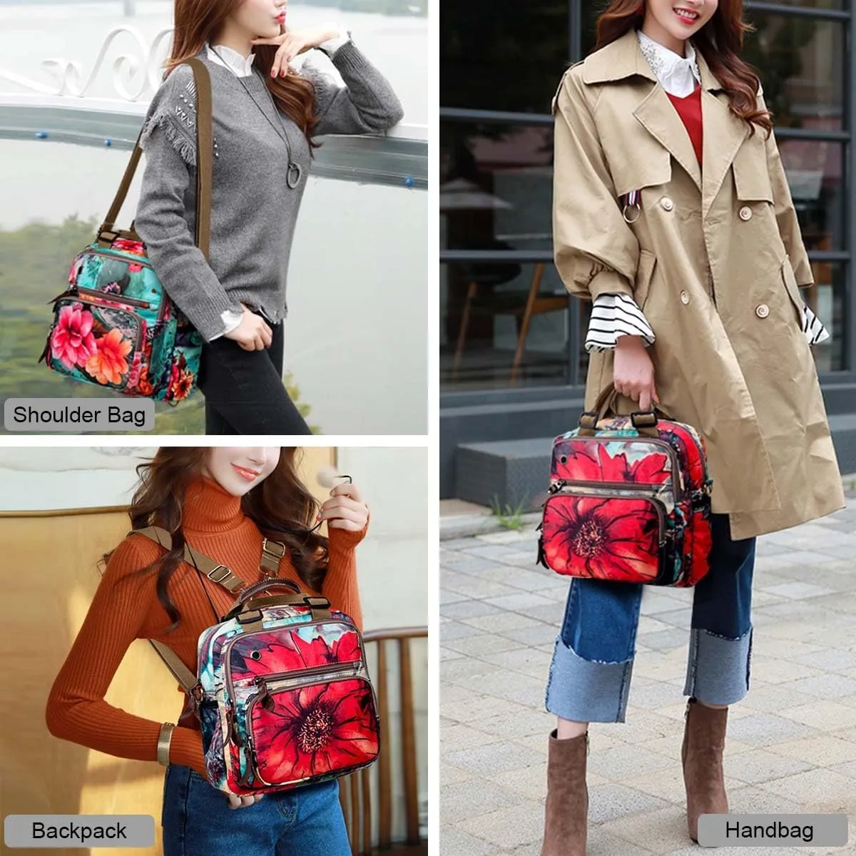 YouNuo Fashion Small Backpack Purse for Women, Floral Multi-Pocket Shoulder Handbag, Water-resistant Nylon Crossbody Purse for Mom, Ladies Convertible Mommy Bag with Insulated Pockets, Red