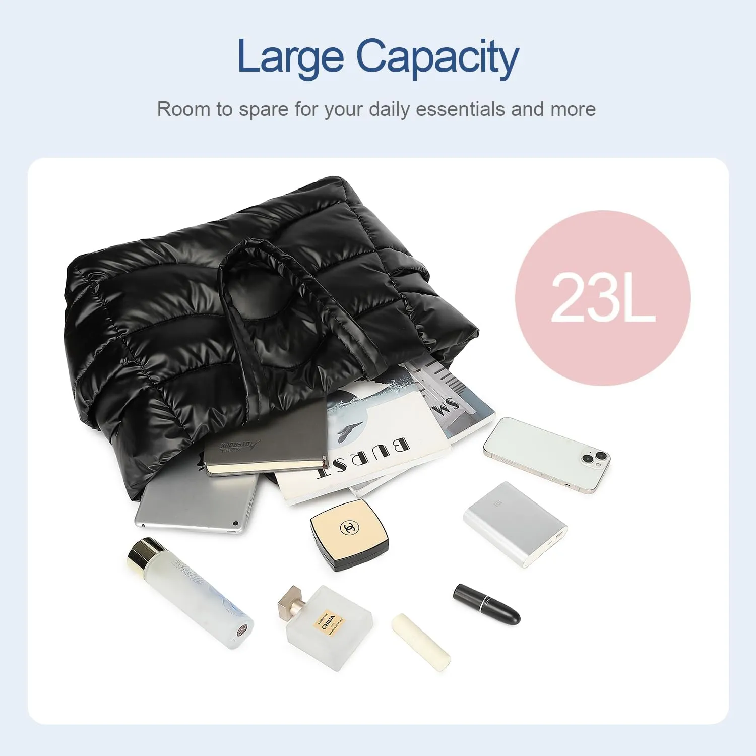 Y.U.M.C. Quilted Puffer Tote Bag for Women- Stylish Multi-Way Carrying Shoulder Bag with Laptop Compartment