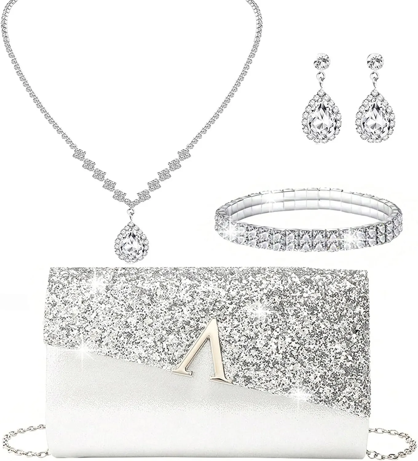 YYW 4 Pieces Women Evening Handbags Clutch Purse Bag with Rhinestone Crystal Jewelry Set for Wedding Party