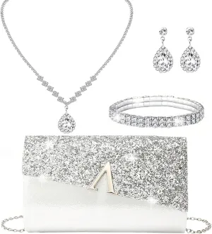 YYW 4 Pieces Women Evening Handbags Clutch Purse Bag with Rhinestone Crystal Jewelry Set for Wedding Party
