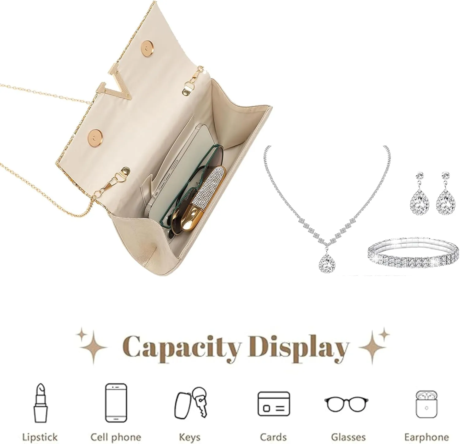 YYW 4 Pieces Women Evening Handbags Clutch Purse Bag with Rhinestone Crystal Jewelry Set for Wedding Party