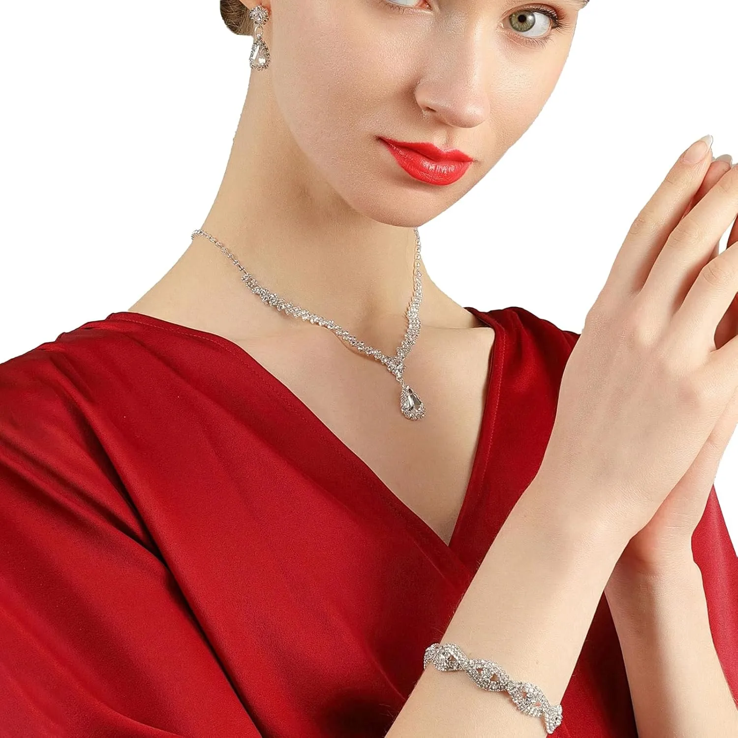 YYW 4 Pieces Women Evening Handbags Clutch Purse Bag with Rhinestone Crystal Jewelry Set for Wedding Party