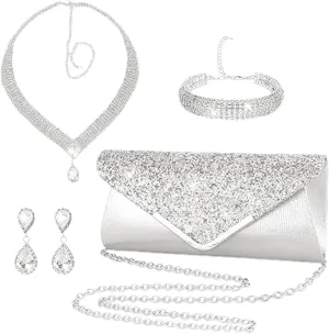 YYW 4 Pieces Women Evening Handbags Clutch Purses Shoulder Bag with Rhinestone Jewelry Set for Party Wedding