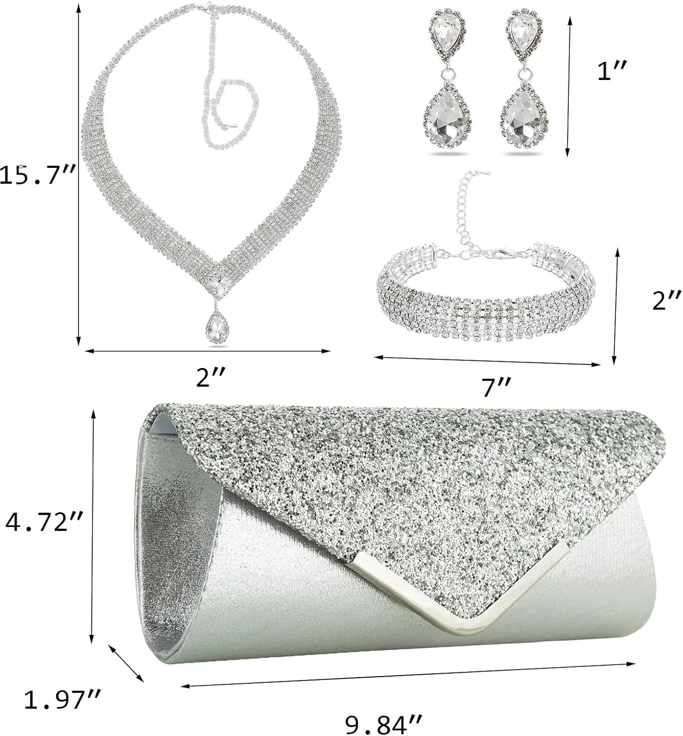 YYW 4 Pieces Women Evening Handbags Clutch Purses Shoulder Bag with Rhinestone Jewelry Set for Party Wedding