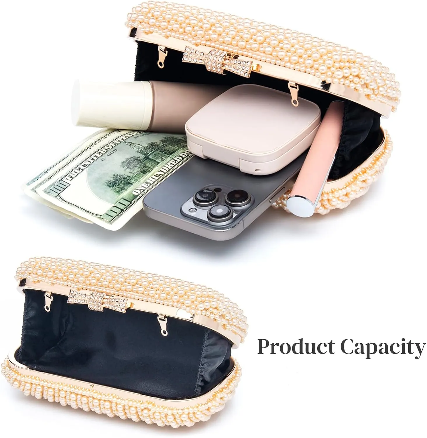 YYW Womens Pearl Clutch Purse Evening Handbags Beaded Bag for Wedding Bride Party with Chain