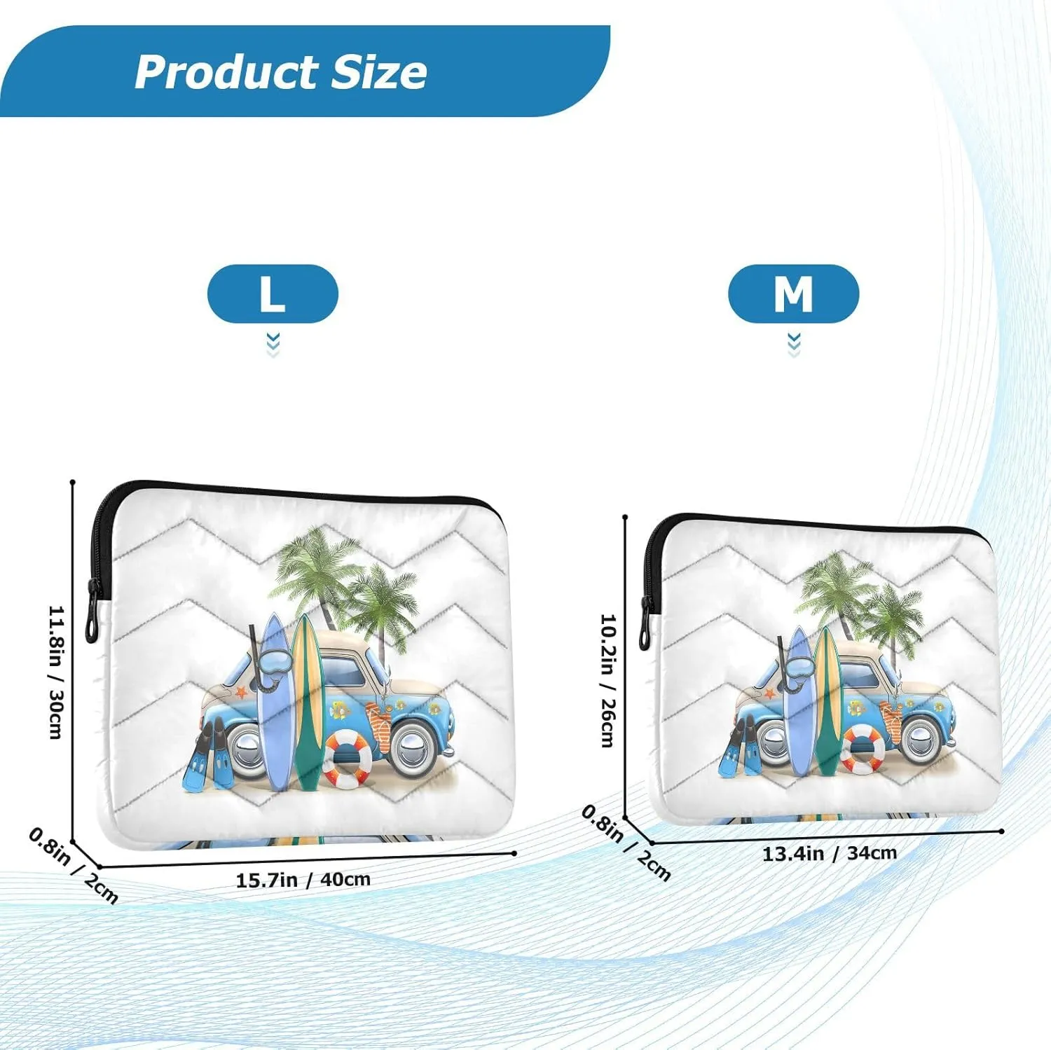 Zipper Laptop Messenger Bag, Case Sleeve Suitable for 13 in to 14 in Notebook Bag, Shoulder Strap Tablet Briefcase Print Summer Surfing Hamper Cat Van Surfboard Palm Trees
