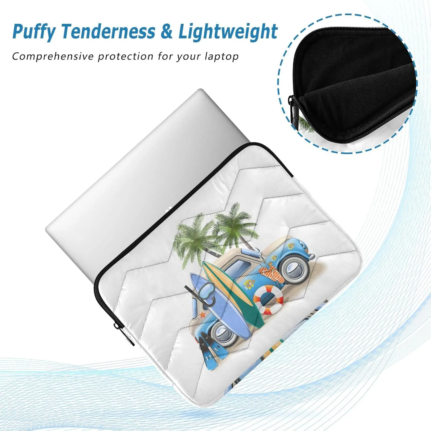Zipper Laptop Messenger Bag, Case Sleeve Suitable for 13 in to 14 in Notebook Bag, Shoulder Strap Tablet Briefcase Print Summer Surfing Hamper Cat Van Surfboard Palm Trees
