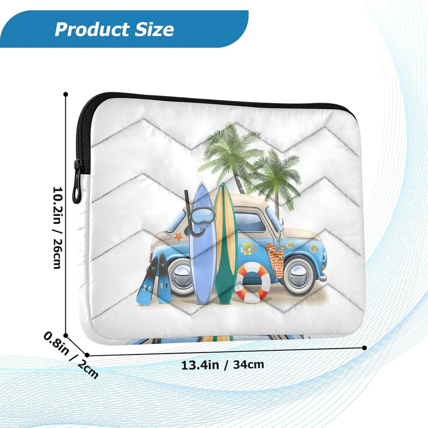 Zipper Laptop Messenger Bag, Case Sleeve Suitable for 13 in to 14 in Notebook Bag, Shoulder Strap Tablet Briefcase Print Summer Surfing Hamper Cat Van Surfboard Palm Trees