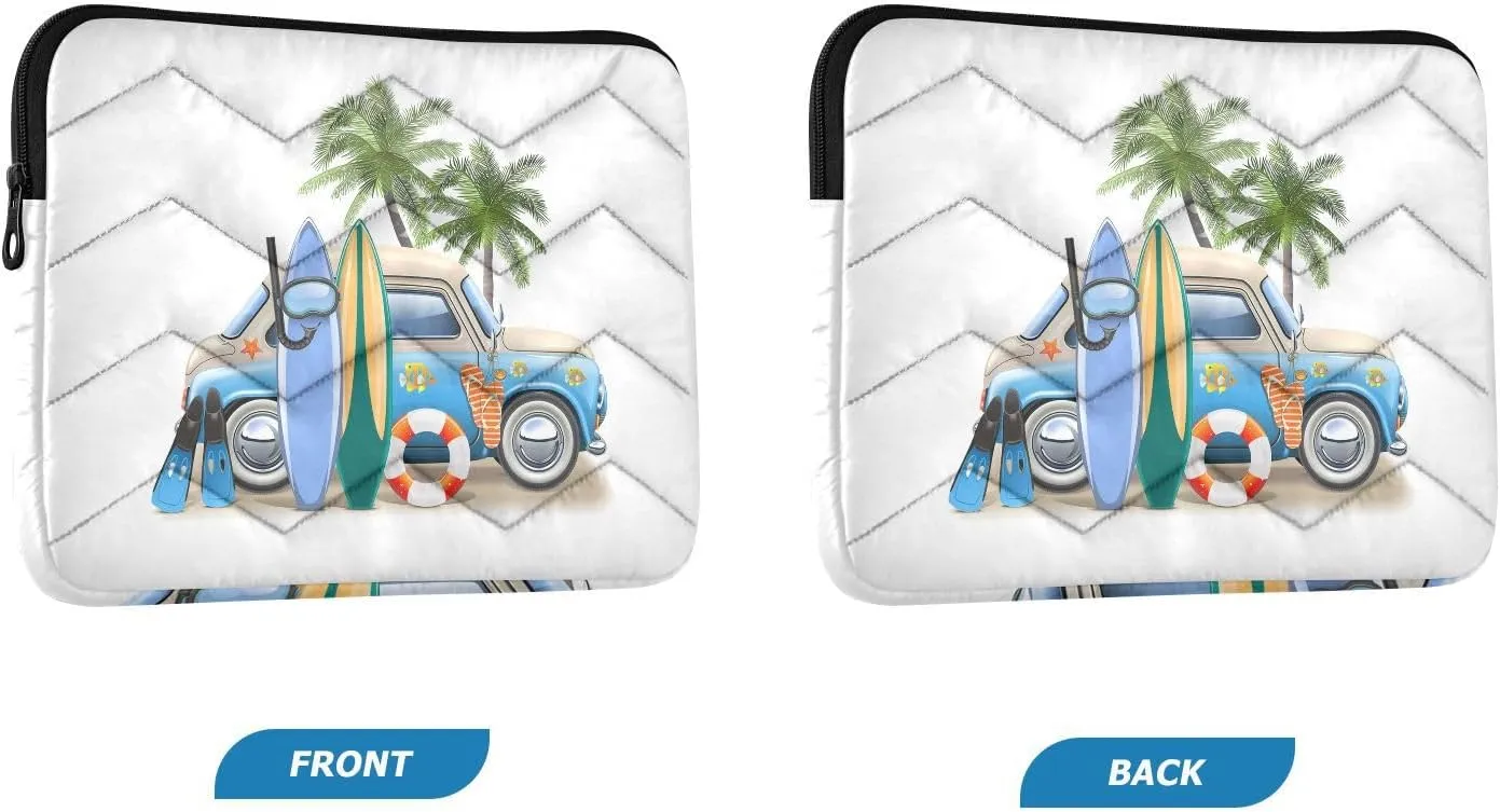 Zipper Laptop Messenger Bag, Case Sleeve Suitable for 13 in to 14 in Notebook Bag, Shoulder Strap Tablet Briefcase Print Summer Surfing Hamper Cat Van Surfboard Palm Trees