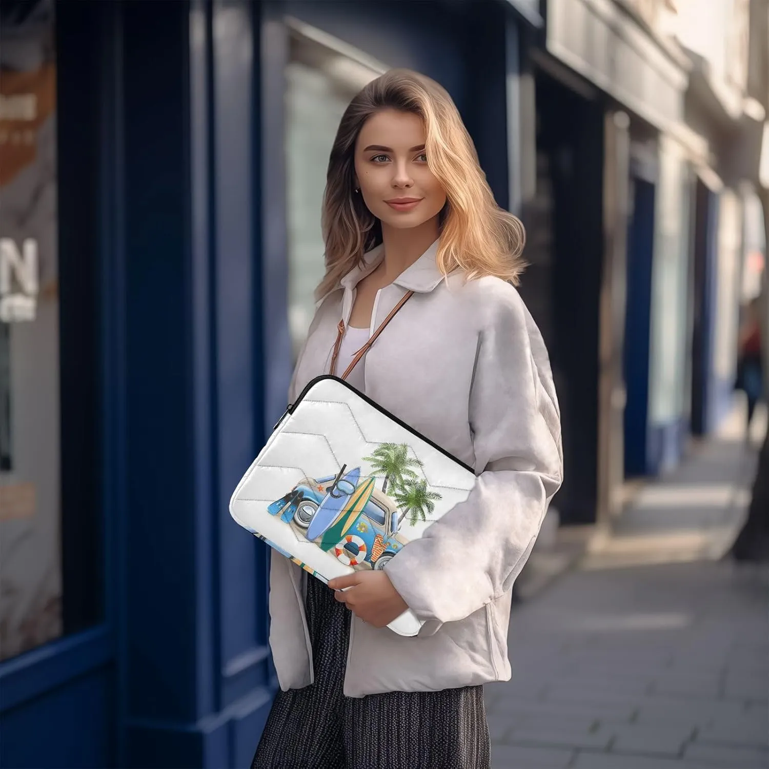 Zipper Laptop Messenger Bag, Case Sleeve Suitable for 13 in to 14 in Notebook Bag, Shoulder Strap Tablet Briefcase Print Summer Surfing Hamper Cat Van Surfboard Palm Trees
