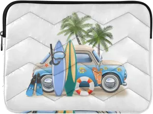 Zipper Laptop Messenger Bag, Case Sleeve Suitable for 13 in to 14 in Notebook Bag, Shoulder Strap Tablet Briefcase Print Summer Surfing Hamper Cat Van Surfboard Palm Trees